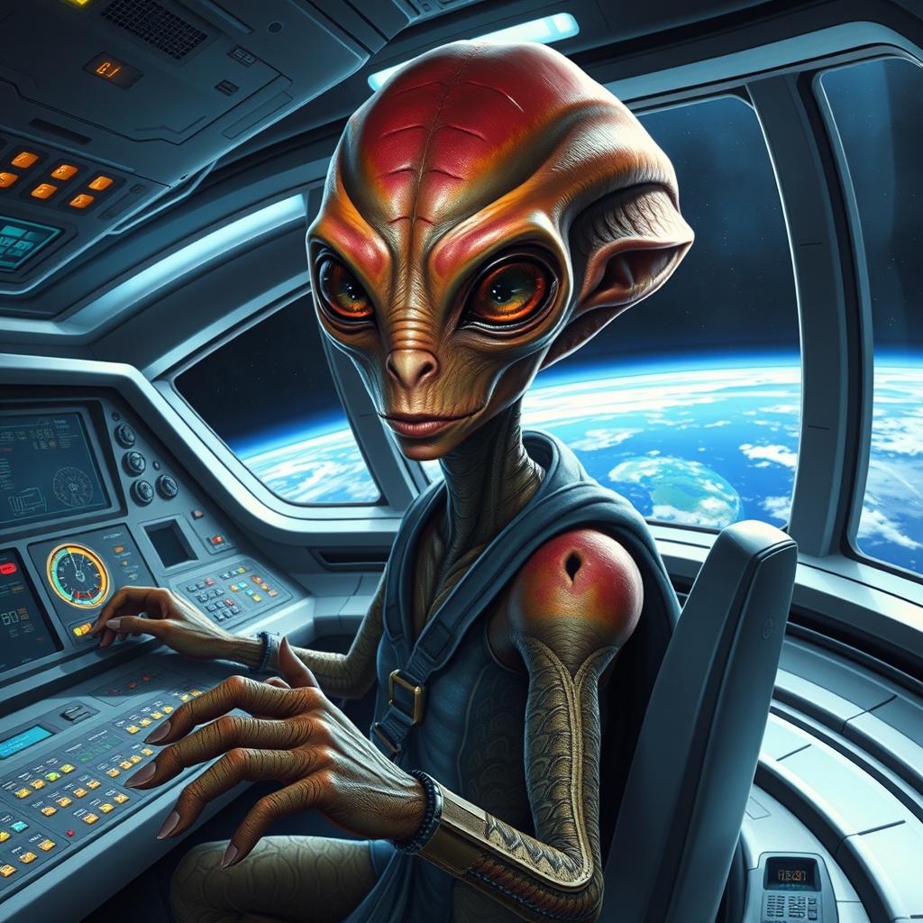 A realistic portrayal of an alien commanding its spaceship, with intricate control panels and glowing interfaces