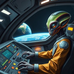 A realistic portrayal of an alien commanding its spaceship, with intricate control panels and glowing interfaces
