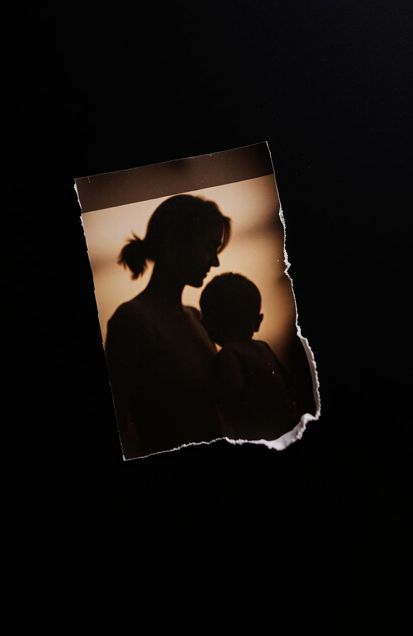 A poignant scene featuring a torn photograph on a dark background, showing a blurred silhouette of a mother and child