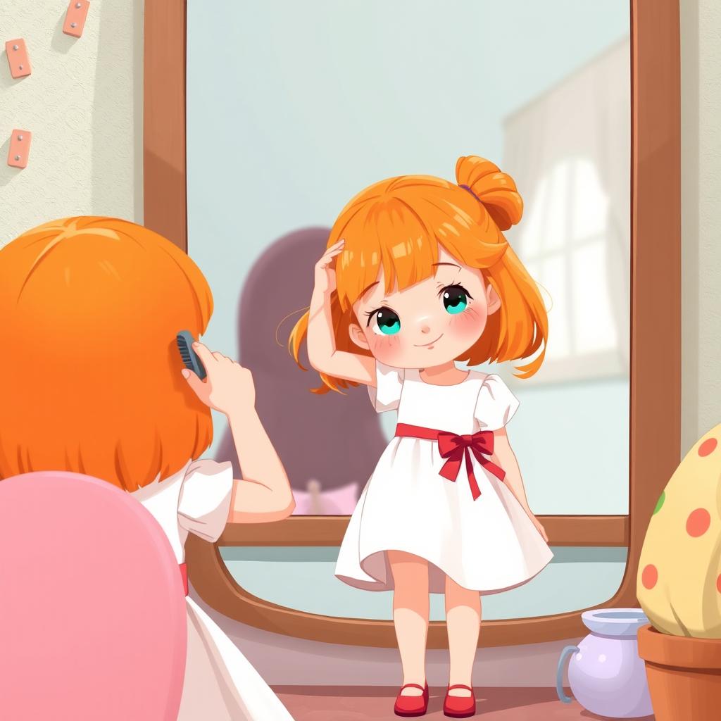 A young girl with bright orange hair about 10 years old, wearing a white dress with a red ribbon at the waist, brushing her hair in front of a mirror