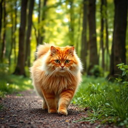 A fluffy, chubby orange cat walking along a forest path