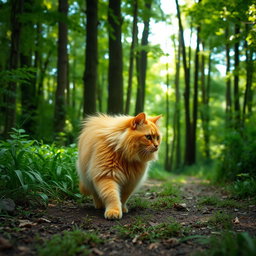 A fluffy, chubby orange cat walking along a forest path