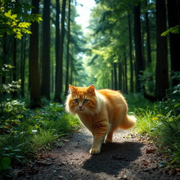 A fluffy, chubby orange cat walking along a forest path
