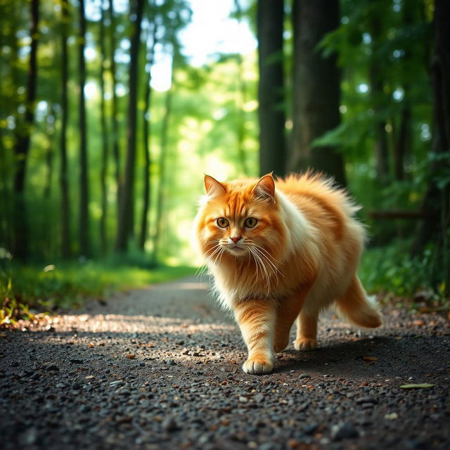 A fluffy, chubby orange cat walking along a forest path