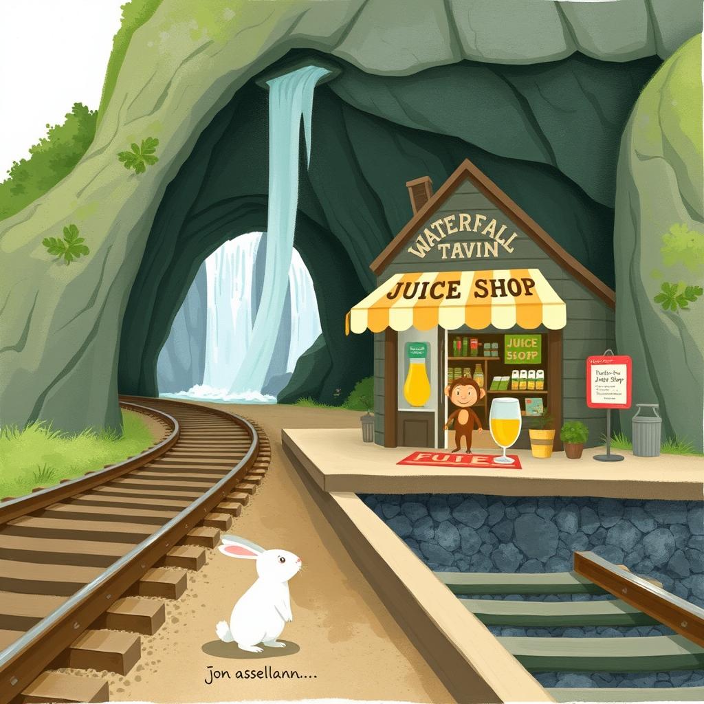 Next to the railroad tracks, located at a waterfall cave-themed train station, there is a delightful juice shop