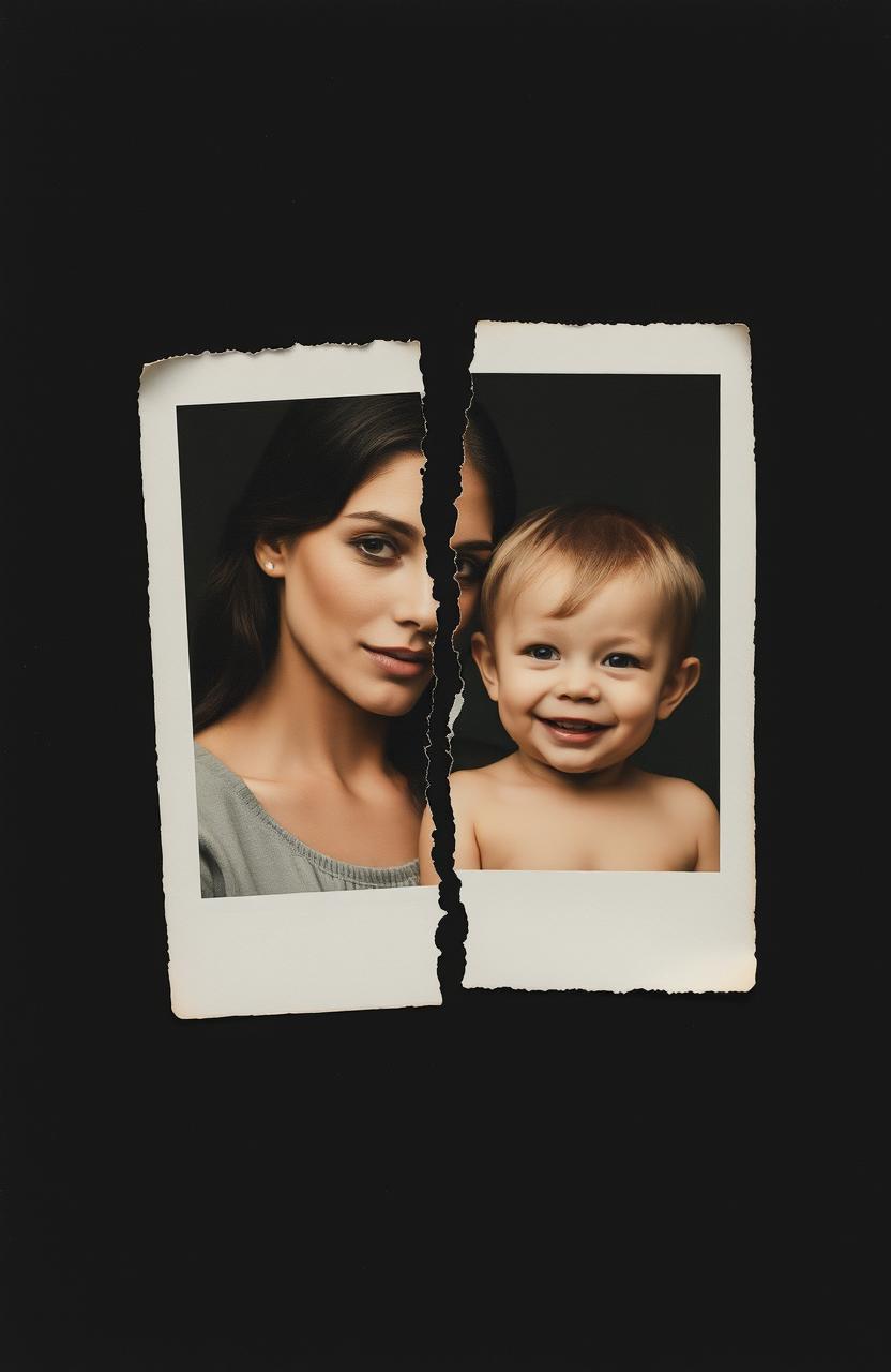A somber and abstract representation of a torn photograph featuring a mother and child, the image split in the middle