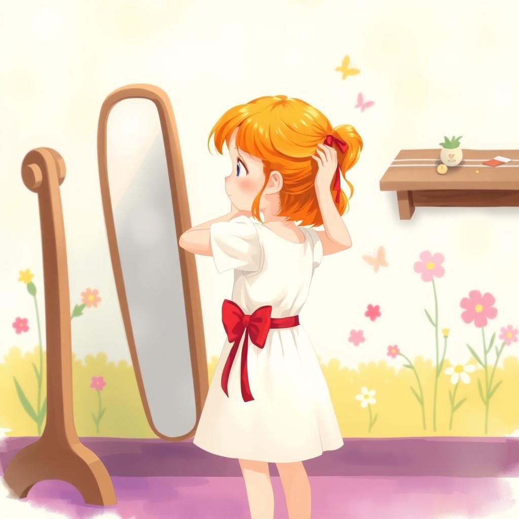 A 10-year-old girl with bright orange hair, wearing a white dress with a red ribbon at the waist, is grooming her hair in front of a mirror