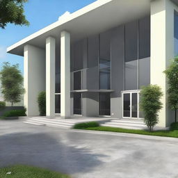 Create an image of a modern, simple, and approximately 5200 sqft Guyana Marketing Corporation Processing & Packaging Facility, with a visually appealing entranceway. Implement features like large glass windows, an inviting entrance, and attractive landscaping.