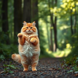 A fluffy, chubby orange cat standing on its hind legs, with a round belly, walking along a forest path