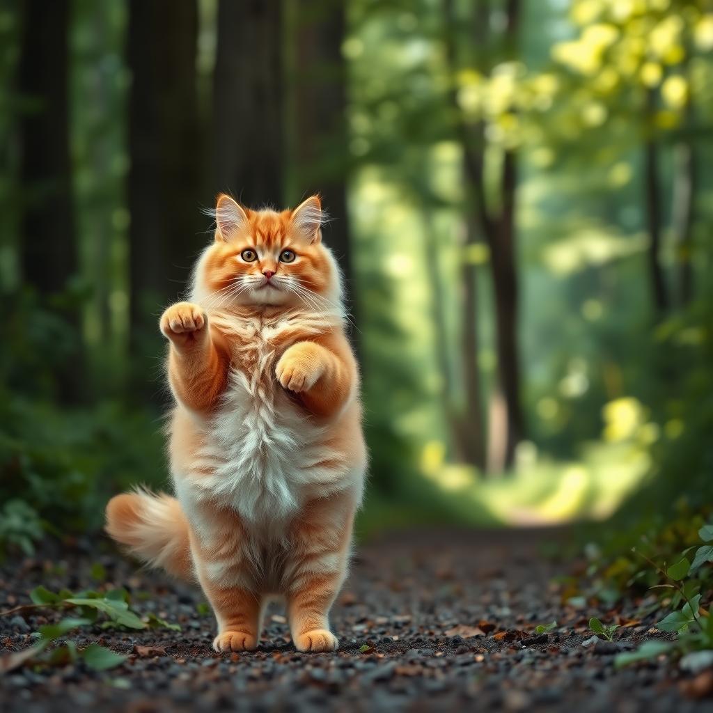 A fluffy, chubby orange cat standing on its hind legs, with a round belly, walking along a forest path