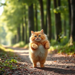 A fluffy, chubby orange cat standing on its hind legs, with a round belly, walking along a forest path