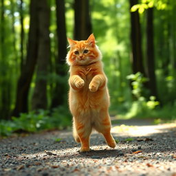A fluffy, chubby orange cat standing on its hind legs, with a round belly, walking along a forest path