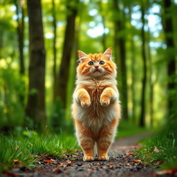 A fluffy, chubby orange cat standing on its hind legs, with a round belly, walking along a forest path