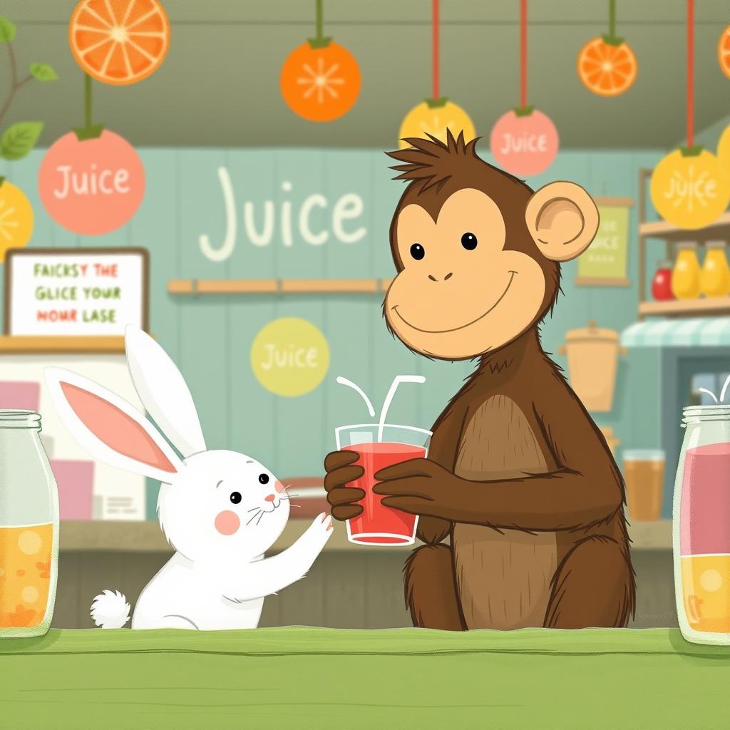 Inside a cheerful juice shop, a smiling brown monkey is holding a colorful cup of juice and offering it to a cute little white rabbit
