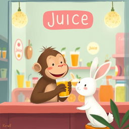 Inside a cheerful juice shop, a smiling brown monkey is holding a colorful cup of juice and offering it to a cute little white rabbit
