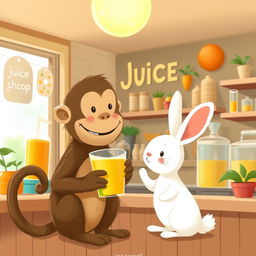 Inside a cheerful juice shop, a smiling brown monkey is holding a colorful cup of juice and offering it to a cute little white rabbit
