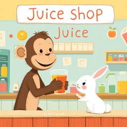 Inside a cheerful juice shop, a smiling brown monkey is holding a colorful cup of juice and offering it to a cute little white rabbit