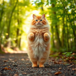 A fluffy, chubby orange cat standing on its hind legs, with a round belly, walking along a forest path