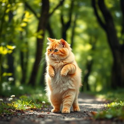 A fluffy, chubby orange cat standing on its hind legs, with a round belly, walking along a forest path