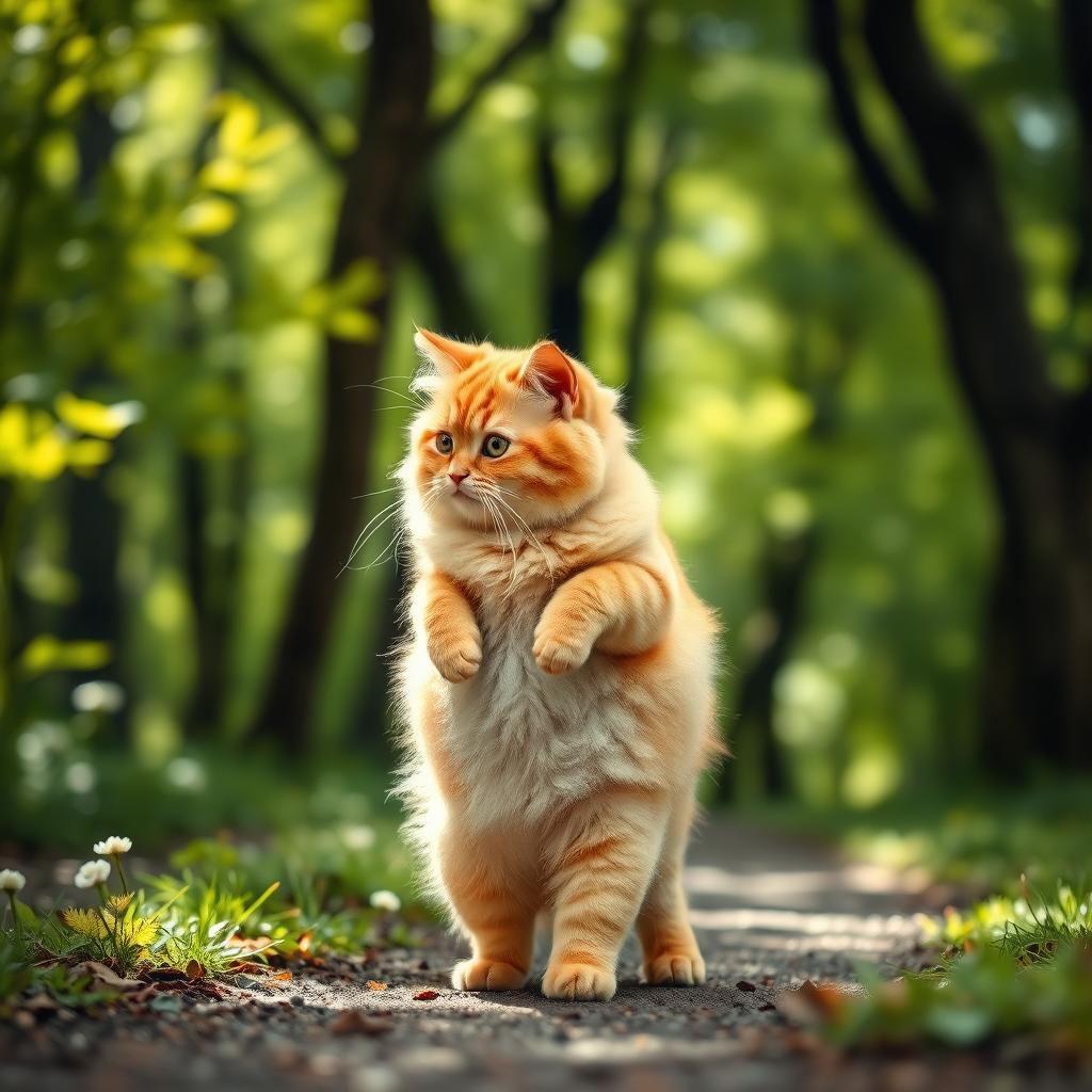 A fluffy, chubby orange cat standing on its hind legs, with a round belly, walking along a forest path