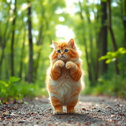 A fluffy, chubby orange cat standing on its hind legs, with a round belly, walking along a forest path