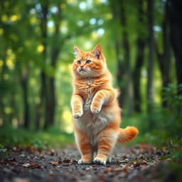 A fluffy, chubby orange cat standing on its hind legs, with a round belly, walking along a forest path