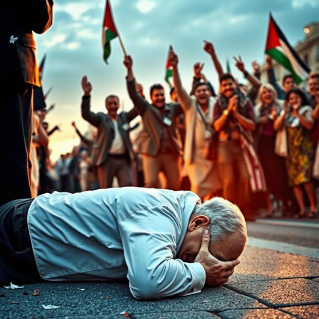 A poignant scene depicting Israeli Prime Minister Netanyahu crying on the ground, showing deep emotion, while in the background, victorious Palestinians celebrate with joy and laughter, conveying a mix of victory and sadness