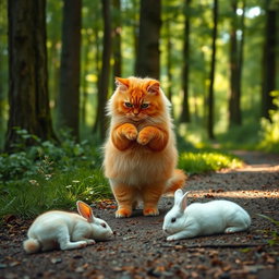 A fluffy, chubby orange cat standing on its hind legs, with a round belly, walking along a forest path
