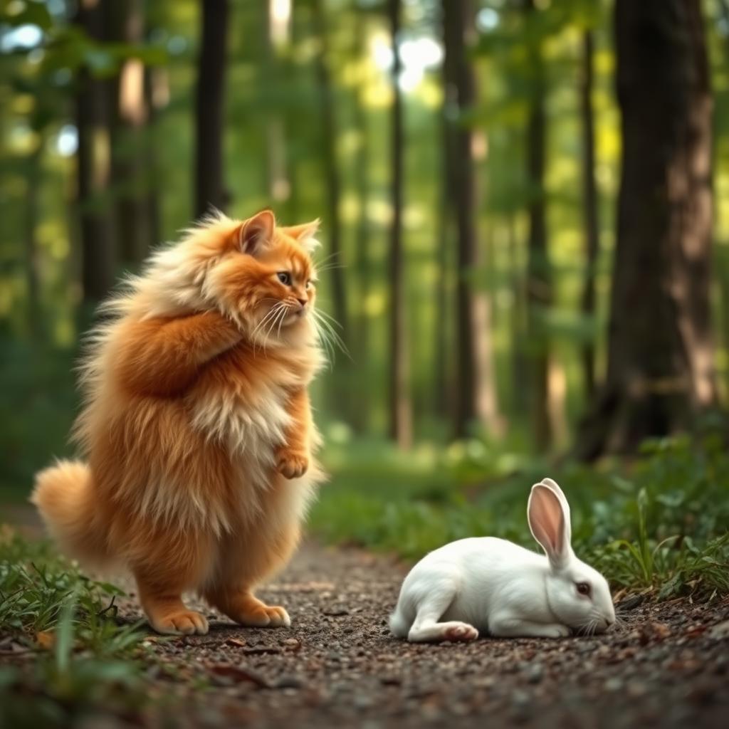 A fluffy, chubby orange cat standing on its hind legs, with a round belly, walking along a forest path