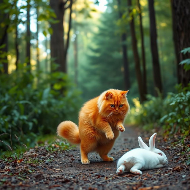 A fluffy, chubby orange cat standing on its hind legs, with a round belly, walking along a forest path