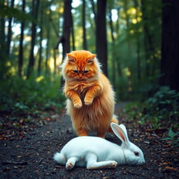 A fluffy, chubby orange cat standing on its hind legs, with a round belly, walking along a forest path