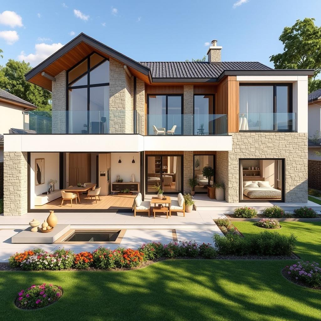 A large, ideal 150 square meter house showcasing modern architecture with a spacious design and an open floor plan