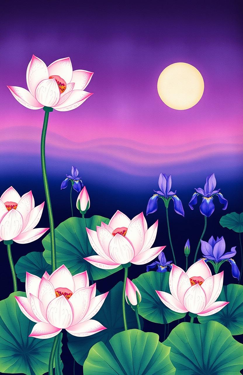 A beautiful Kalamkari print featuring light pink lotuses and iris-colored water lilies set against a twilight background