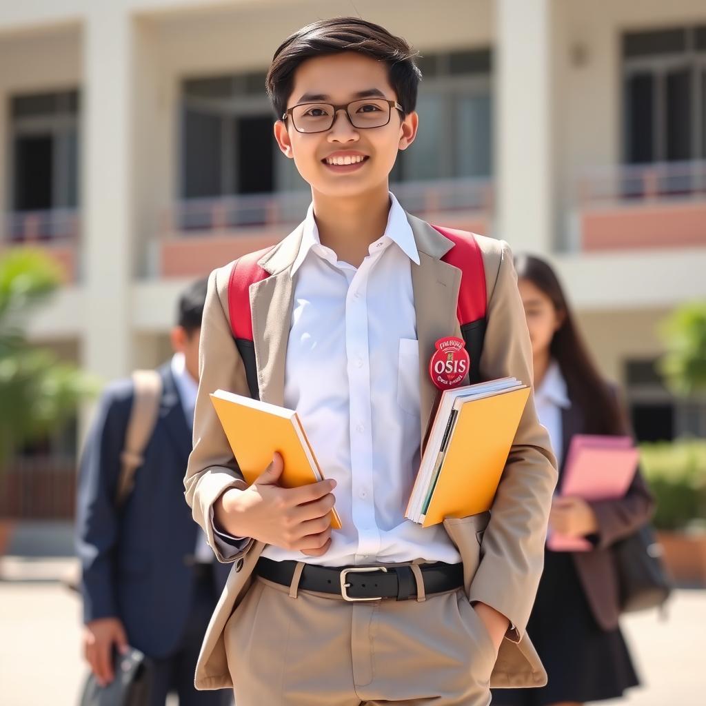 A high school student wearing a traditional school uniform with a red and white OSIS (student organization) emblem, and a slayer PMR Wira badge