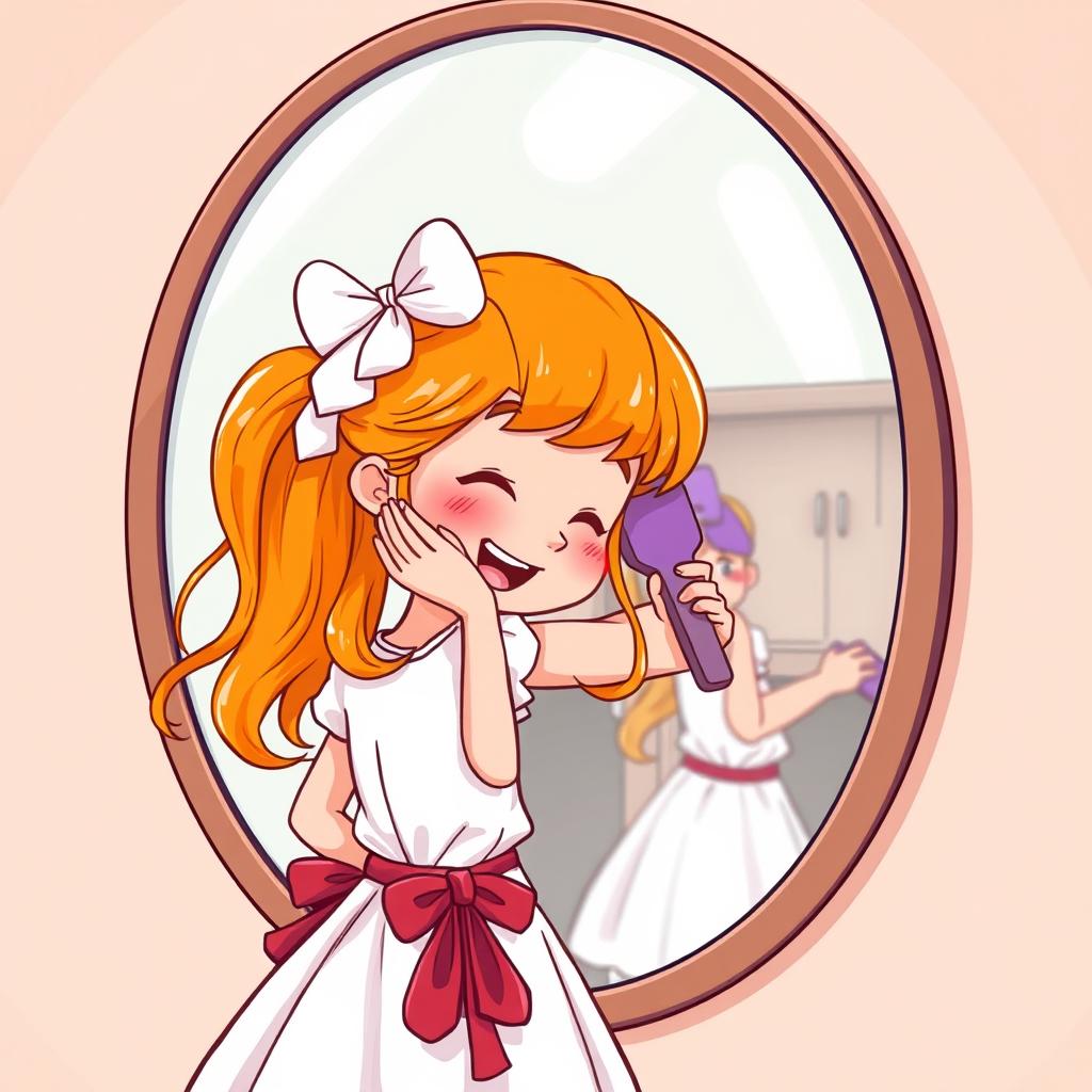 A cute cartoon style illustration of a 10-year-old girl with bright orange hair, wearing a white dress and a red ribbon tied around her waist, happily brushing her hair in front of a mirror