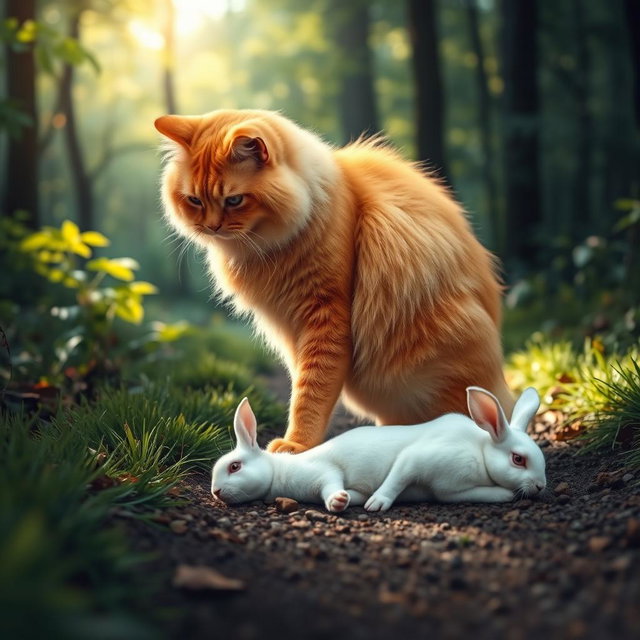 A fluffy, chubby orange cat standing on its hind legs, with a round belly, walking on a forest path, bending down to gently pet an injured white rabbit lying next to the path