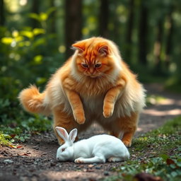 A fluffy, chubby orange cat standing on its hind legs, with a round belly, walking on a forest path, bending down to gently pet an injured white rabbit lying next to the path
