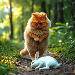 A fluffy, chubby orange cat standing on its hind legs, with a round belly, walking on a forest path, bending down to gently pet an injured white rabbit lying next to the path