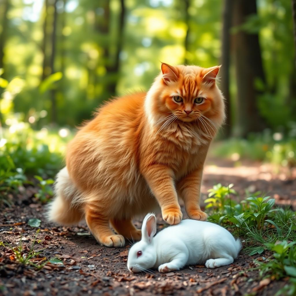 A fluffy, chubby orange cat standing on its hind legs, with a round belly, walking on a forest path, bending down to gently pet an injured white rabbit lying next to the path