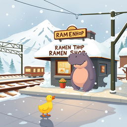 At a snow-capped mountain train station by the railway, there is a charming ramen shop