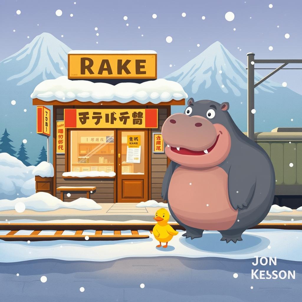 At a snow-capped mountain train station by the railway, there is a charming ramen shop