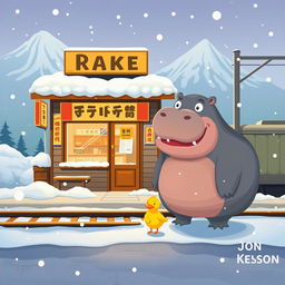 At a snow-capped mountain train station by the railway, there is a charming ramen shop