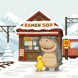 At a snow-capped mountain train station by the railway, there is a charming ramen shop