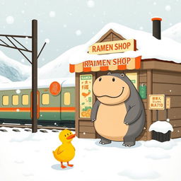 At a snow-capped mountain train station by the railway, there is a charming ramen shop