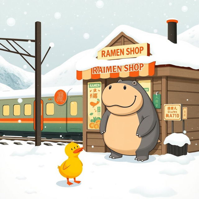 At a snow-capped mountain train station by the railway, there is a charming ramen shop