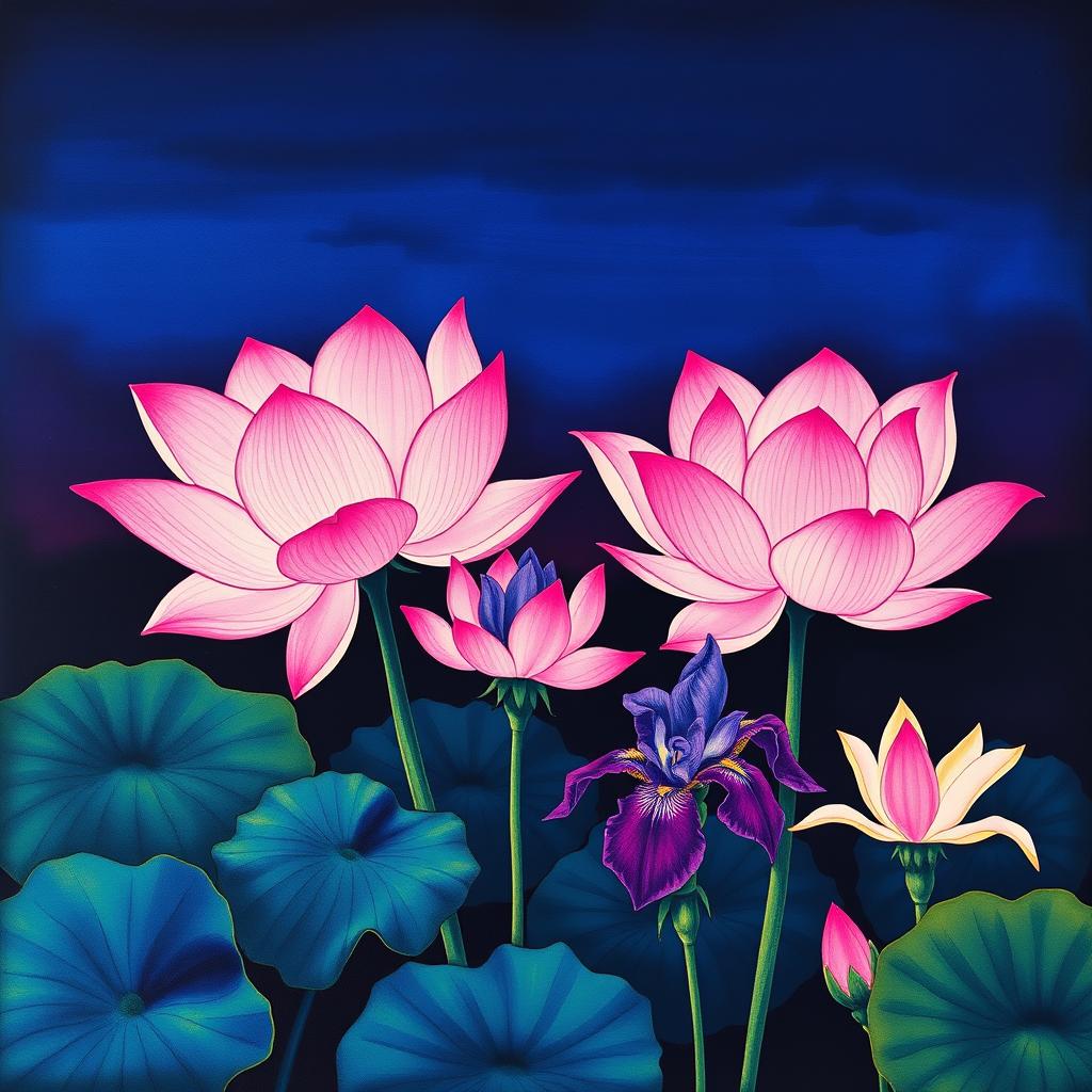 A stunning Kalamkari print showcasing light pink lotuses and iris-colored water lilies against a dark twilight backdrop