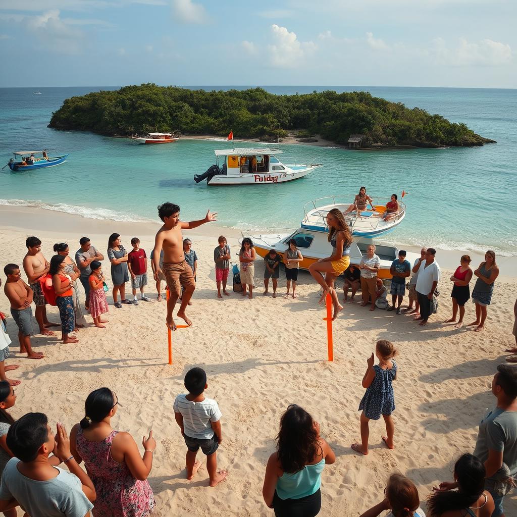 An exciting stilt walking competition taking place on a volleyball court by the beach in celebration of a village anniversary