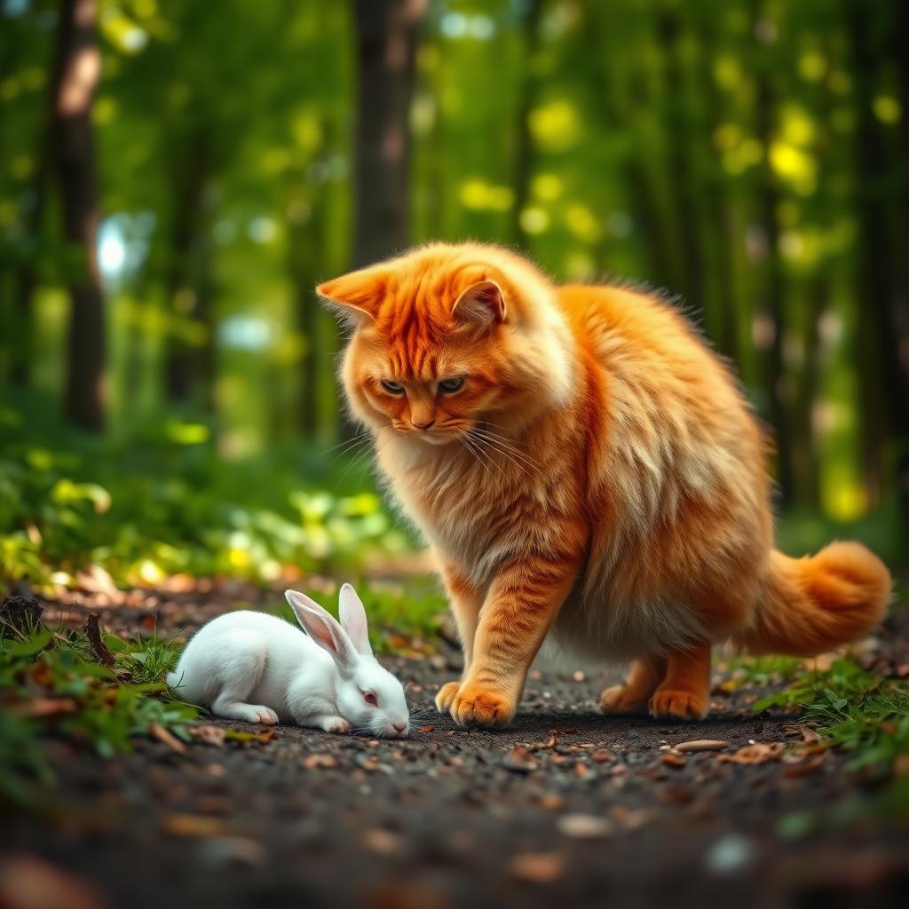A fluffy, chubby orange cat with a round, gentle face and a big belly standing on its hind legs, walking along a forest path
