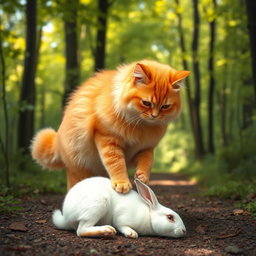 A fluffy, chubby orange cat with a round, gentle face and a big belly standing on its hind legs, walking along a forest path