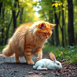 A fluffy, chubby orange cat with a round, gentle face and a big belly standing on its hind legs, walking along a forest path